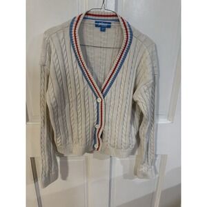Prince Pickleball Cable Knit Cardigan Sweater Crop Ivory Preppy Golf Resort Sz L